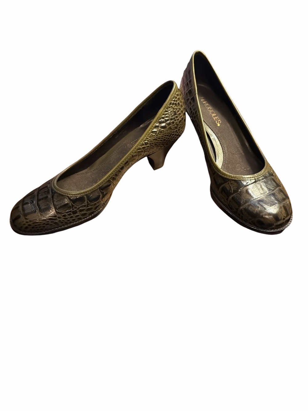 Aerosoles Metallic Green Croc Print Round Toe Comfort Kitten Heel Pumps Sz 7B